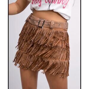NYLON apparel Western Cowgirl Studded Sparkly Faux Suede Fringe Skirt W/Belt 3XL